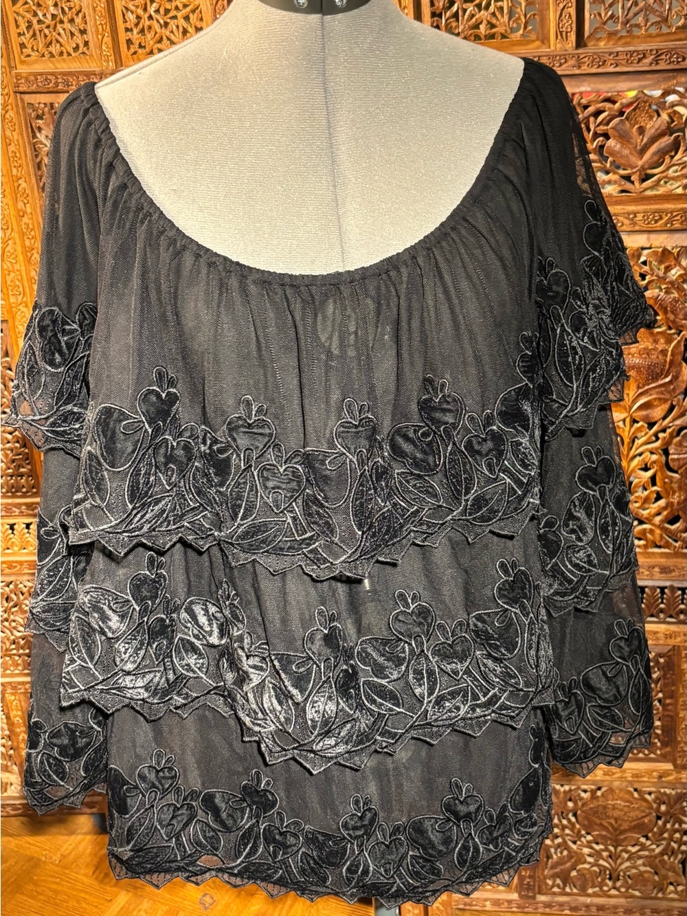 NWT John Mark Black Embroidered Tiered Peasant Blouse